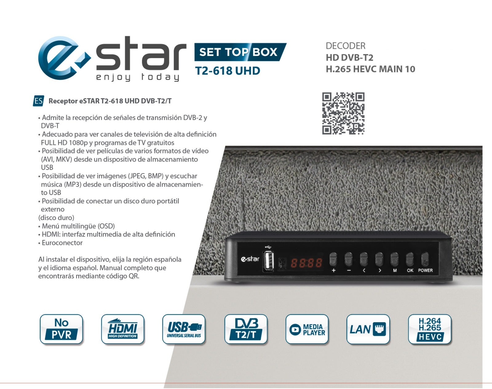 Eshow Spark TDT HD T2 Scart Euroconector Codo PVR con Mando Distancia USB  2.0 HDMI DVB-T2